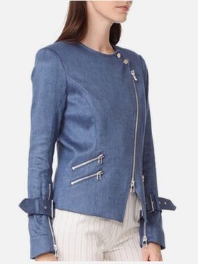 NWT! Veronica Beard Sienna Collarless Moto Jacket in Denim Blue